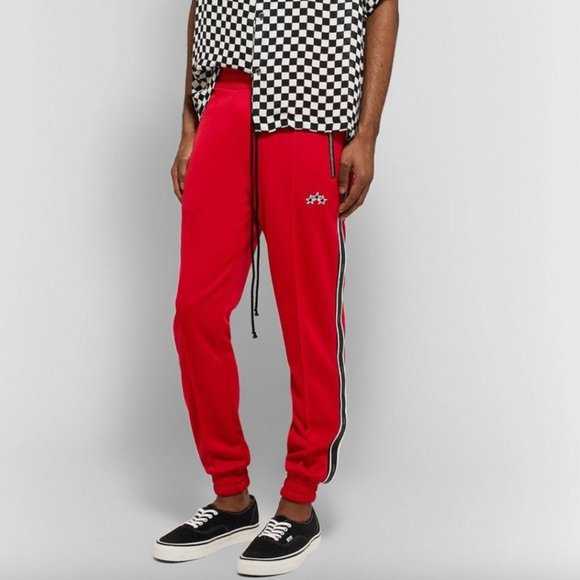 AMIRI Slim-Fit Tapered Leather-Trimmed Tech-Jersey Sweatpants - Red Size Medium - Picture 1 of 10